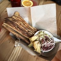 appetizer: bean artichoke dip with garlic bread crisps  at Slab Sicilian Street Food in Portland