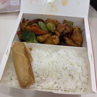 general tsos chicken with white rice and spring roll  at VeGreen 2 Go in Duluth