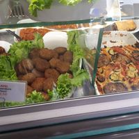 Two types of falafel and other veg choices at Pamcial Srl in Bologna