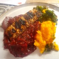 Beetroot Bourguignon, tempeh, mash and kale at Natural Cookery School in Nailsworth
