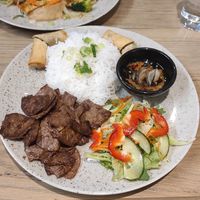 Noodles with "beef" and salad at Loving Hut in Reykjavik