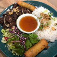 Vegan beef with noodles and spring rolls at Loving Hut in Reykjavik