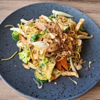 June 2026 - golden noodles with vegan chicken at Loving Hut in Reykjavik