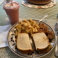 Mushrooms sandwich, Mac and cheese, southern fried tofu, and strawberry shake at Cafe 1610 in Dayton
