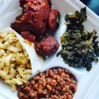 Vegan mac, vegan bbq cauliflower, vegan greens, vegan baked beans at Cafe 1610 in Dayton
