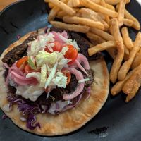 Vegan gyro and fries at Prairie Street Brewing Co in Rockford