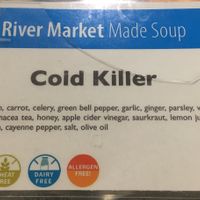 Clearly labeled vegan soup at the hot soup bar. Be sure to read the ingredient list because this one has honey. at River Market Co-op in Stillwater