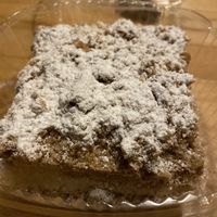 clear labels and a delicious crumb cake! at D&D Bake Shoppe in Copiague