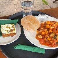 Vegan carrot cake and sweet potato, bean and spinach stew. at Cafe 4 Eden in Penrith