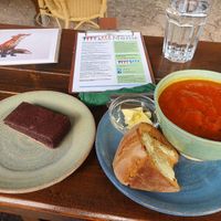 Fantastic, hearty tomato soup plus amazing brownie slice! There were actually 2 soups on that day, both vegan. at Cafe 4 Eden in Penrith