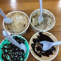 3 Peanut butter flavors with mix-ins and a mint flavor with chocolate topping. From July 2023 visit.  at Buzzed Bull Creamery in Pigeon Forge