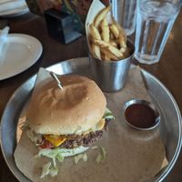 Plant Based Burger with fries at Beertown in Guelph