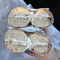 Toasted salt bagel with tofu cream cheese  at Goldberg's Famous Bagels in Montauk