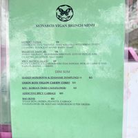 Vegan brunch menu - food. November 2024  at Monarch in Brooklyn