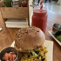 Vegan breakfast sandwich and smoothie with strawberry lime and ginger   at PS Green Express in Fort Lauderdale