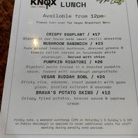 Vegan lunch menu at The Knox in Watson