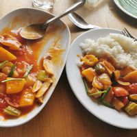 Stir fried veggies with sweet and sour sauce + coconut rice (rice with coconut milk, very good) at Khaothong Terrace Resort & Restaurant in Krabi