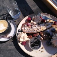 vegan protein pancakes and melange with soy milk at KLYO in Vienna