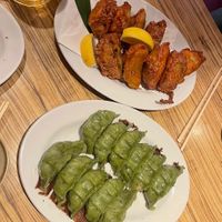 Karaage gyoza and spinach soy meat gyoza  at Kakekomi Gyoza in Tokyo