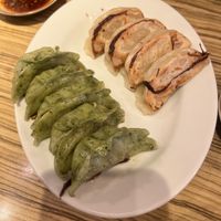 green are the vegan gyoza (the other are my partner's non vegan)  at Kakekomi Gyoza in Tokyo