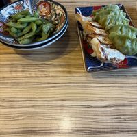 Vegetable gyoza and edamame   at Kakekomi Gyoza in Tokyo