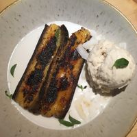 Caramelized banana with coconut cream and icecream at Flores Da Pampa in Lisbon