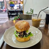 Black bean burger and cafe sua da at Abracado in Hanoi