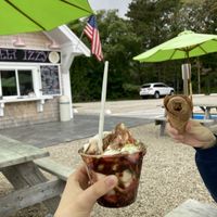 Banana split and peanut butter chocolate in a cone which my boyfriend called delicious  at Sweet Izzy in Harwich Port