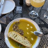 Butternut squash soup with vegan pine nut cheese at Deep City in Burlington
