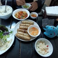 Spring rolls, rice, vegetable curry (side dish included in meal) at Cumulus Vegetarian Restaurant in Hanoi