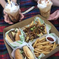 Chocolate and Biscoff shakes, Veganator and Crispy Chick’n burgers, poutine and fries. at Veg Out in Surrey