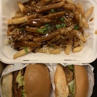 Poutine, the regular burger and chicken burg  at Veg Out in Surrey