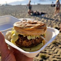 Crispy Chick'n Burger with Sweet Mustard and Pickles at Veg Out in Surrey