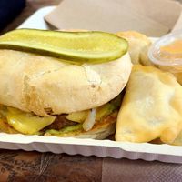 Sy's Vurger (burger!) with perogies at Sy's Vegan Bistro in Abbotsford