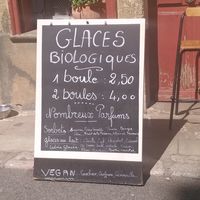 Ice cream menu, including some vegan options at Le Vegetarien in Villefranche-de-conflent