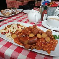 Vegan franks & beans, "small portion" of french toast in background! at Annie's Burger Shack in Nottingham