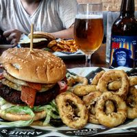 The Vermonter (pancakes with maple syrup and bacon) and the Classic (peanut butter instead of mayo and unmelted "cheddar style" cheese) at Annie's Burger Shack in Nottingham