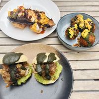 Savoury: fried enoki mushrooms baos, smoked eggplant with filo-like pastry, corn croquettes.   at Chéri Coco in Pantin