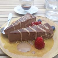 Banana-chocolate raw vegan pie, truly delicious! at Chéri Coco in Pantin