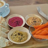 Trio of houmous dips with bread and carrot sticks at Amapola Tasty Moments in Valencia