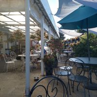 Lovely floral seating area in the converted area outside at Merrivale Tea Rooms in Great Yarmouth