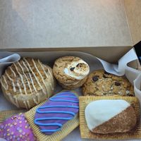 Tart  Cherry, Wildberry and Brown sugar pop tarts, peach cobbler danish, fluffernutter sandwich cookie, and tahini chocolate chip cookie at Crust Vegan Bakery in Philadelphia