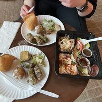 Grape leaves, vegetable samosas, and combination plate (baba ghannoj, hummus, and falafel)  at Daawat Indian Grill & Bar in Seattle