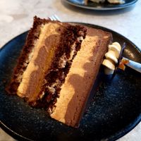 Chocolate mango cake at Green One BTC in Ljubljana