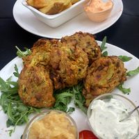 Delicious homemade Pakkora with apple chutney and mayonnaise.  at Phoenix Belgian Vegg in Malaga