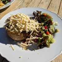 Baked Potato with haggis and cheese at The Midge Bite Cafe in Achnasheen