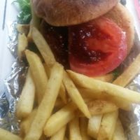 Vegetable burger with chips  at Cafe Under the Spire in Gateshead