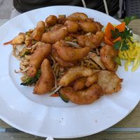fried shrimps with noodles (udon on request) at Tau in Vienna