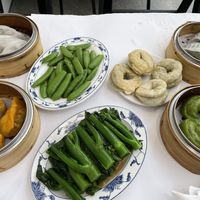 Dumplings, scallion pancakes, greens and snap peas.  All outstanding!   at Yank Sing in San Francisco