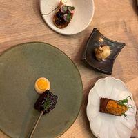 Selection of starters, including celery root taco, grilled red ace beet, and kennebec hash brown.  at Oyster Oyster in Washington